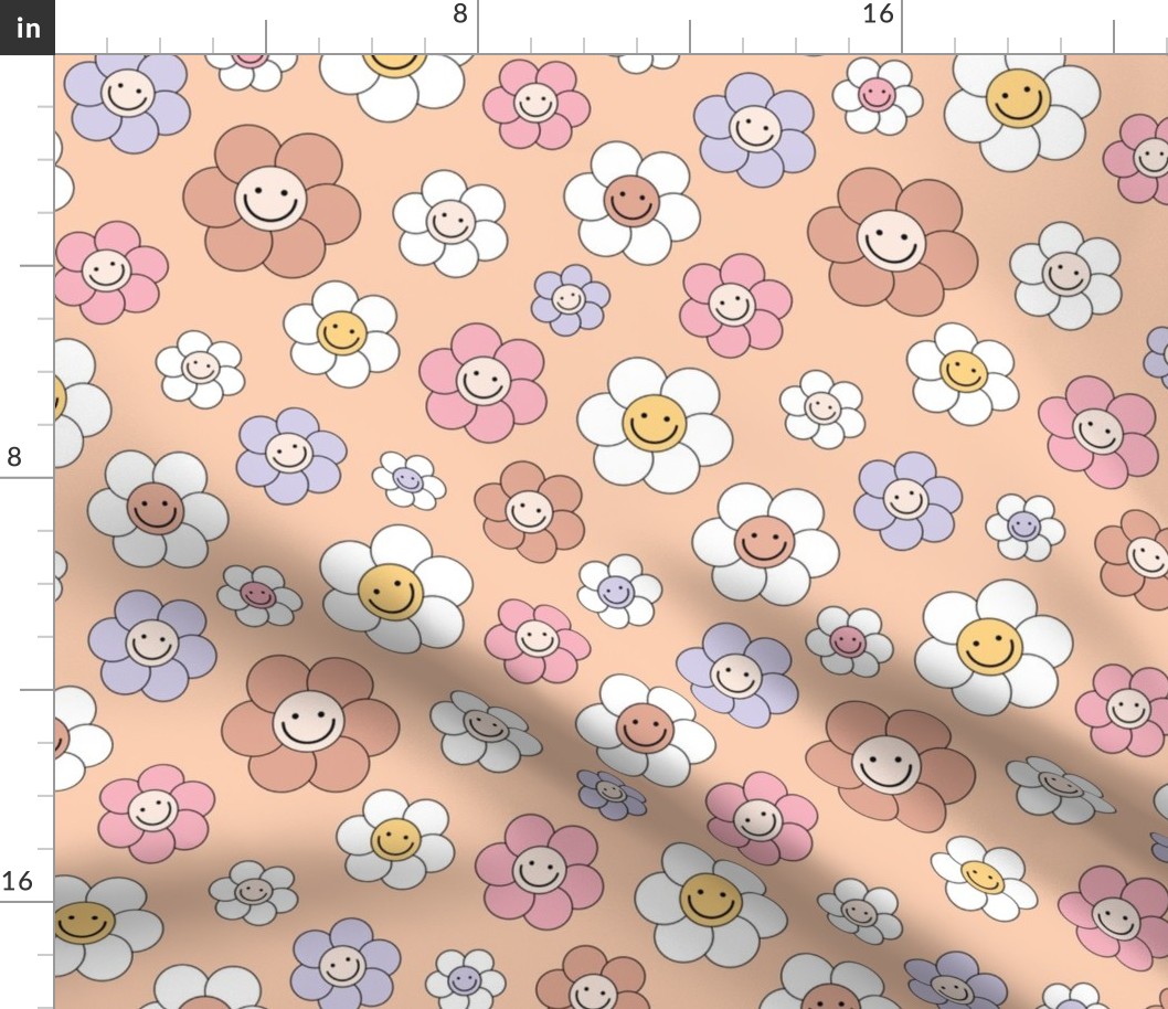 Smiley daisies sweet vintage style cute happy day floral print for summer boho vibes beige white orange blush lilac seventies palette  LARGE