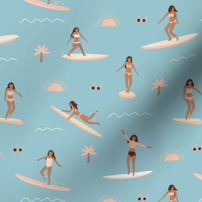 Island vibes waves and surf girls hawaii inspired women with palm trees surf boards and sun blush pink yellow cool blue 