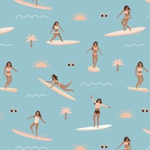 Island vibes waves and surf girls hawaii inspired women with palm trees surf boards and sun blush pink yellow cool blue 