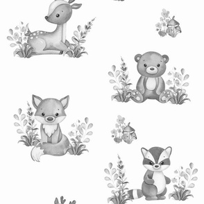 Gray Watercolor Floral Woodland Animals Monochrome  