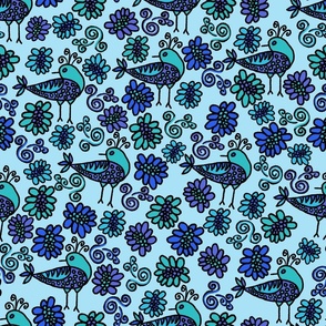 Folk Art Flowers and Birds in Blue