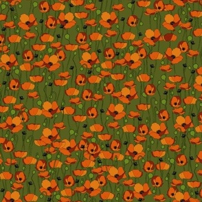 Orange poppy repeat dark moss - small