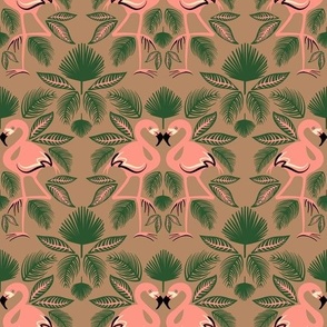 Totally Tropical Pink Flamingo Birds + Palm Leaves - Tan