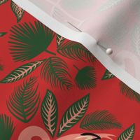 Totally Tropical Pink Flamingo Birds + Palm Leaves - Red