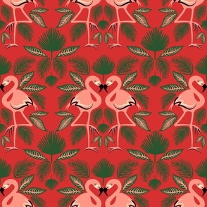 Totally Tropical Pink Flamingo Birds + Palm Leaves - Red