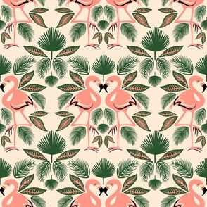 Totally Tropical Pink Flamingo Birds + Palm Leaves - Natural / Off White