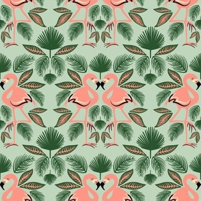 Totally Tropical Pink Flamingo Birds + Palm Leaves - Seaglass Blue Green 
