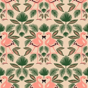 Totally Tropical Pink Flamingo Birds + Palm Leaves - Tan