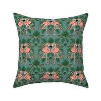 Totally Tropical Pink Flamingo Birds + Palm Leaves - Teal Blue Green
