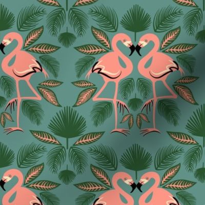 Totally Tropical Pink Flamingo Birds + Palm Leaves - Teal Blue Green