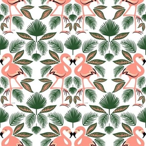 Totally Tropical Pink Flamingo Birds + Palm Leaves - White