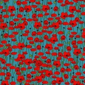 Red poppy repeat dark turquoise - small