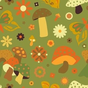70's Kitschy Mushrooms + Daisy Floral in Avocado + Rust