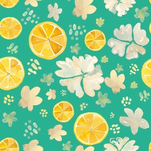Lemon Slices _& Flowers, Aqua BG