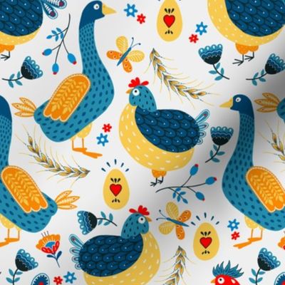 chicken geese and roosters yellow blue - 6,75 inch 