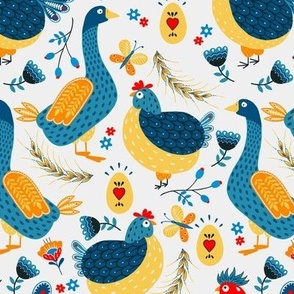 chicken geese and roosters yellow blue - 6,75 inch
