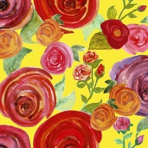 Colorful Watercolor Roses on Yellow