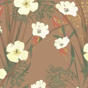 Boho poppies brown - large (Eschcholzia-California Poppy-Cream) Cream California poppies with dune grass (Marram grass) and Sea Campion (Silene).  Dune plants for this  floral wilderness design.