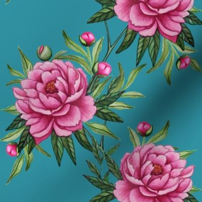 Pink peony watercolor floral on lagoon blue teal by Magenta Rose Designs