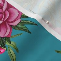 Pink peony watercolor floral on lagoon blue teal by Magenta Rose Designs