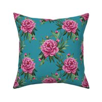 Pink peony watercolor floral on lagoon blue teal by Magenta Rose Designs