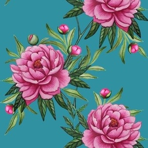 Pink peony watercolor floral on lagoon blue teal by Magenta Rose Designs