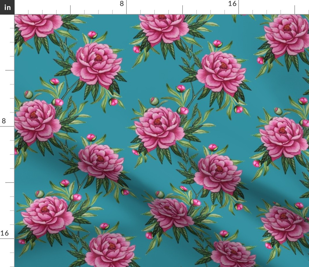 Pink peony watercolor floral on lagoon blue teal by Magenta Rose Designs