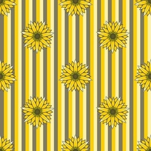 Medium - Hand Drawn Sunflowers on Narrow Yellow and Sage Green Stripes
