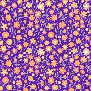 Ditsy orange flowers on purple 