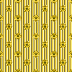 Small - Hand Drawn Sunflowers on Skinny Yellow and Sage Green Stripes