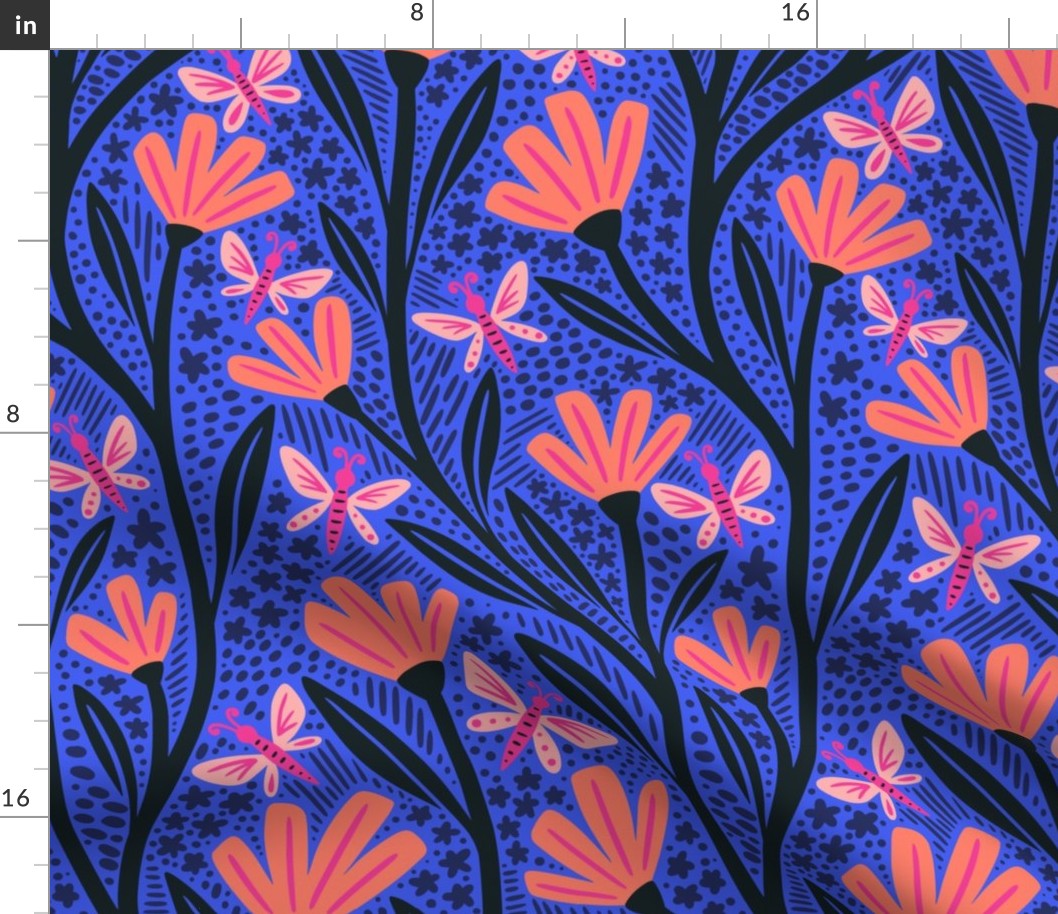 Eva Trailing Floral | Large Scale | Electric Blue Coral & Pink