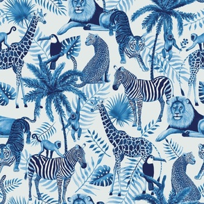 Blue Jungle Animals - Lion, giraffe, tiger, jaguar, monkeys, zebra 
