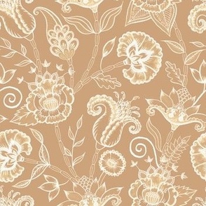 Indian Block Print Style Flowers (Light Beige) 