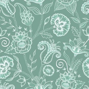 Indian Block Print Style Flowers (Sage Green)