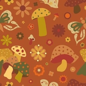 70's Kitschy Mushrooms + Daisy Floral in Rust + Goldenrod