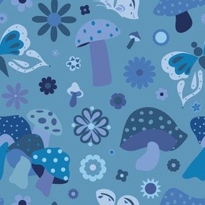 70's Kitschy Mushrooms + Daisy Floral in Dusty Blue
