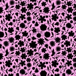 Ditsy black flowers on pink