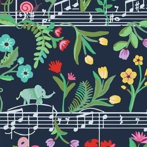 Duet Musical Notes and Dancing Elephant - Childrens Wallpaper - large scale