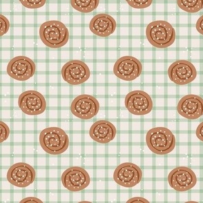 Snack time - cinnamon bun Swedish bakery picnic lunch with sugar sprinkles on plaid mist green sand SMALL