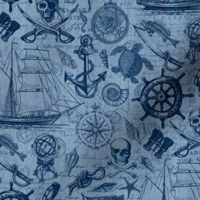 Ahoy Pirates Adventure Of The Seven Seas Blue Denim Smaller Scale