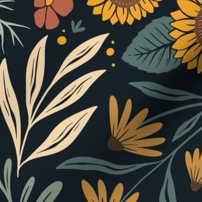 Wild Meadow - sunflowers, cosmos, dandelions, lupins, black eyes Susans - dark - large