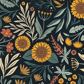 Wild Meadow - sunflowers, cosmos, dandelions, lupins, black eyes Susans - dark - large