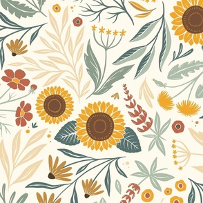 Wild Meadow - sunflowers, cosmos, dandelions, lupins, black eyes Susans - light - large