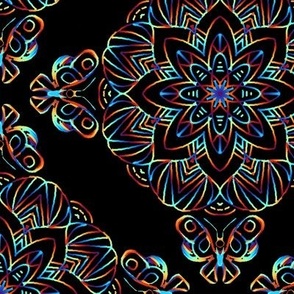 Rainbow Mandala with Butterflies on Black