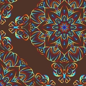 Rainbow Mandala with Butterflies on Brown