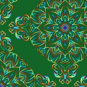 Rainbow Mandala with Butterflies on Green