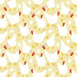 Chickens and Eggs on Light Yellow - Medium Scale