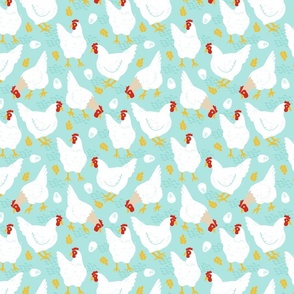 Chickens and Eggs on Light Blue - Medium Scale