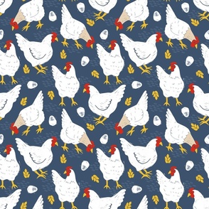 Chickens and Eggs on Navy Blue - Medium Scale