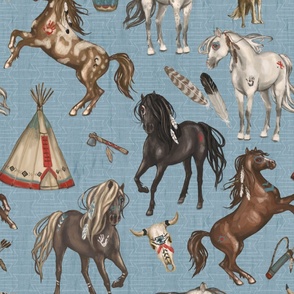 Native American Horses, Indian Ponies, Teepee, wolf, cow skull, arrow, feathers, on Denim Blue, Large Scale